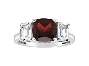 8mm Square Cushion Garnet And White Topaz Rhodium Over Sterling Silver Ring
