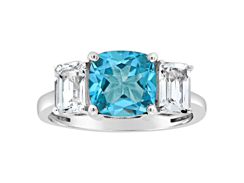 8mm Square Cushion Swiss Blue Topaz And White Topaz Rhodium Over Sterling Silver Ring