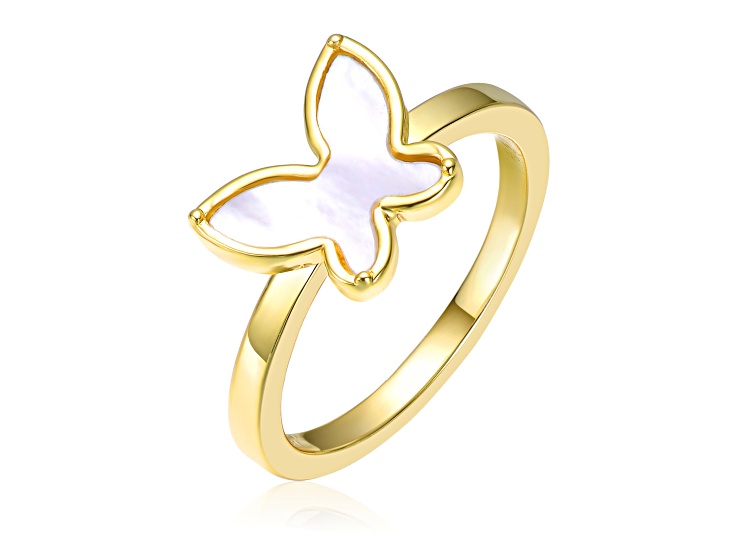 Mother of Pearl, 14k Gold Plated over Brass Butterfly Ring for