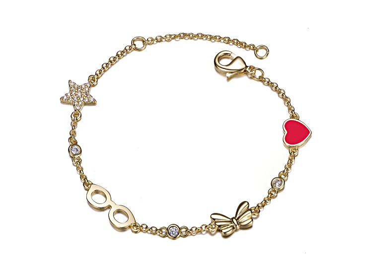 Clear Cubic Zirconia, 14K Gold Plated over Brass Red Heart Charm Bracelet for Kids