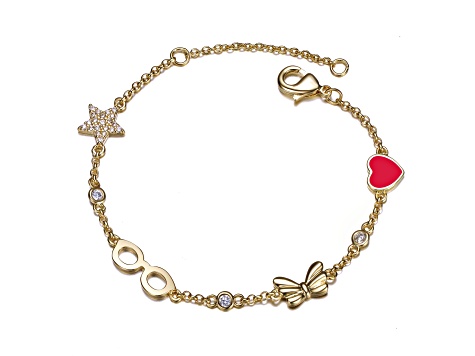 Clear Cubic Zirconia, 14K Gold Plated over Brass Red Heart Charm Bracelet for Kids