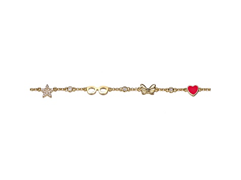 Clear Cubic Zirconia, 14K Gold Plated over Brass Red Heart Charm Bracelet for Kids