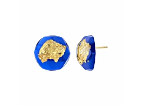 14K Yellow Gold Over Sterling Silver Gold Leaf Button Stud Lucite Earrings in Royal Blue