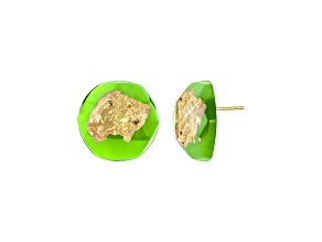 14K Yellow Gold Over Sterling Silver Gold Leaf Button Stud Lucite Earrings in Neon Green