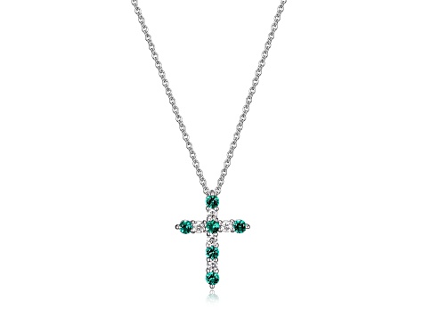 Green Lab Created Emerald Rhodium Over Sterling Silver Cross Necklace