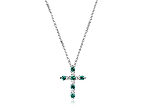 Green Lab Created Emerald Rhodium Over Sterling Silver Cross Necklace