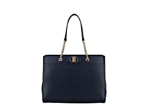 Ferragamo Vara Bow Blue Smooth Leather Tote