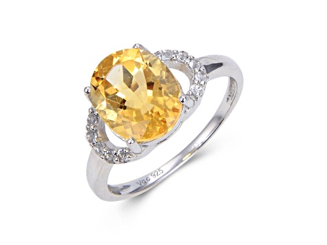 Oval Citrine with White Topaz Accents Sterling Silver Ring, 3.90ctw