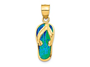 14k Yellow Gold Polished and Textured 3D with Lab Created Blue Opal Flip Flop Pendant