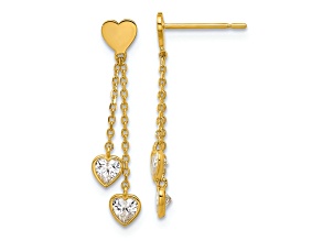 14k Yellow Gold Polished Cubic Zirconia Hearts Post Dangle Earrings