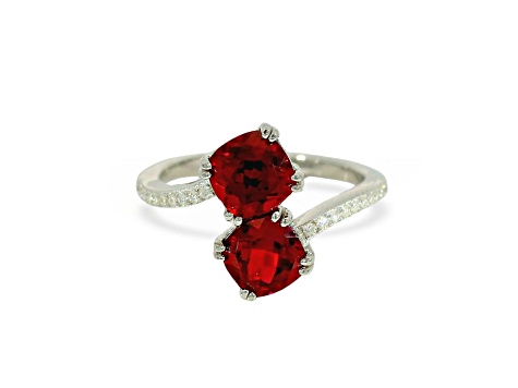 Red Lab Created Ruby and Moissanite Rhodium Over Sterling Silver Bypass Ring