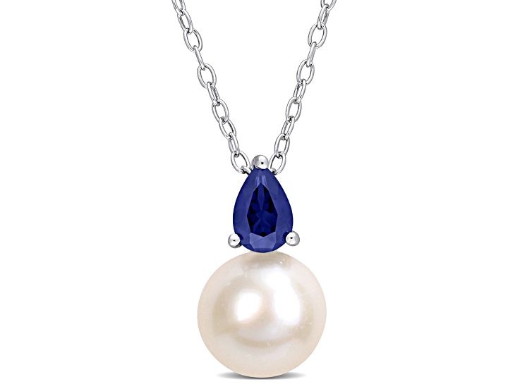 FW Cultured Pearl and 5/8 CT TGW Created Blue Sapphire Pendant with Chain in Sterling Silver