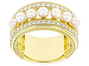 Judith Ripka 4mm Cultured Freshwater Pearl & 3.0ctw Bella Luce® 14K Gold Clad Band Ring