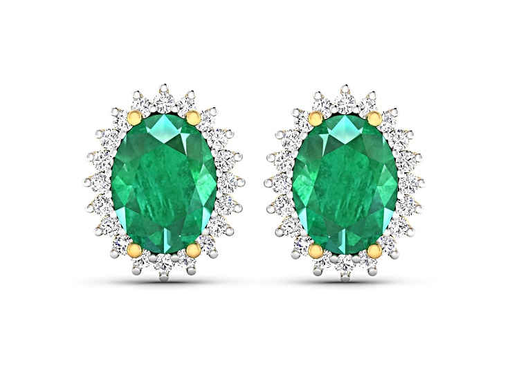 2.0ctw 14K Yellow Gold Zambian Green Emerald and White Diamond Halo Earrings