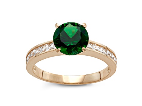 Round Emerald Simulant and White Lab Created Sapphire 10K Yellow Gold Ring 2.71ctw