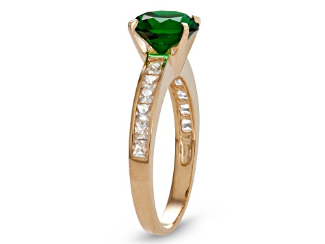 Round Emerald Simulant and White Lab Created Sapphire 10K Yellow Gold Ring 2.71ctw