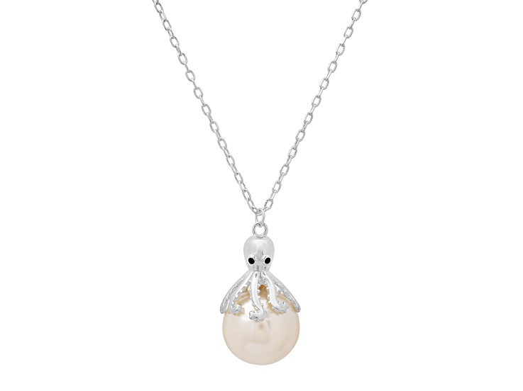 12mm Shell Pearl And White Cubic Zirconia Rhodium Over Sterling Silver Octopus Pendant 0.01ctw