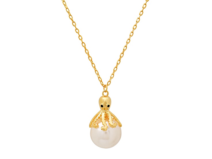 12mm Shell Pearl And White Cubic Zirconia 14k Yellow Gold Over Silver Octopus Pendant 0.01ctw