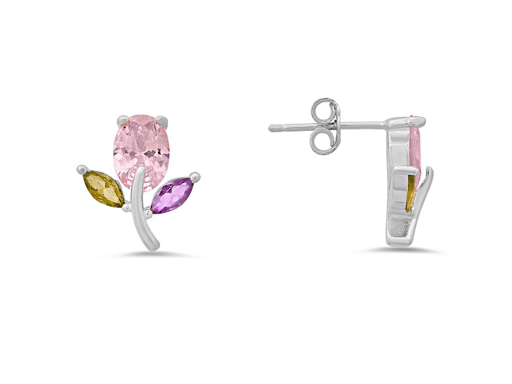 Pink, Champagne, And Purple Cubic Zirconia Rhodium Over Sterling Silver Flower Earrings 2.05ctw
