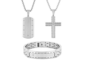 Diamond Accent Stainless Steel Dog Tag, Cross Pendant, & Bracelet Set