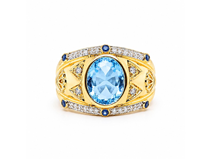 Swiss Blue Topaz, Blue Sapphire, and White Diamond Accent 14K Gold Over Sterling Silver Ring 3.49ctw