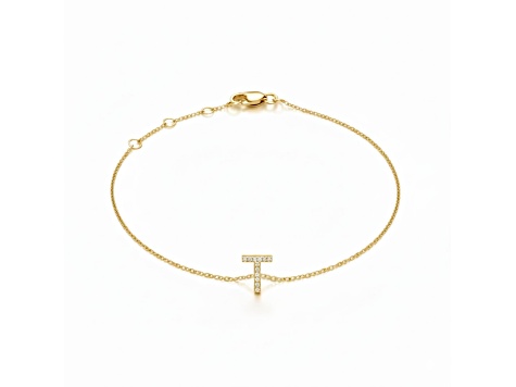 10K Yellow Gold White Diamond T Initial Bracelet for Women with Adjustable Chain, 0.04ctw