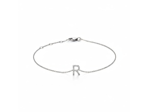 10K White Gold White Diamond R Initial Bracelet for Women with Adjustable Chain, 0.06ctw