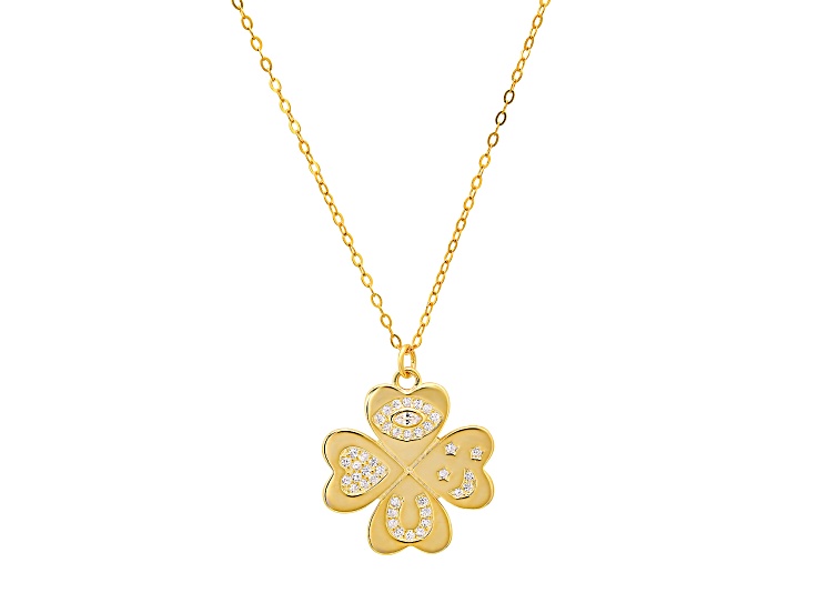 White Cubic Zirconia 14k Yellow Gold Over Sterling Silver Clover Pendant 0.22ctw