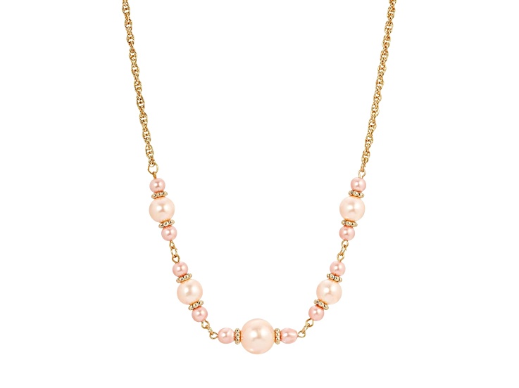 1928 Jewelry Gold Tone Base Metal Pink Simulated Pearl Necklace 16" Adj.
