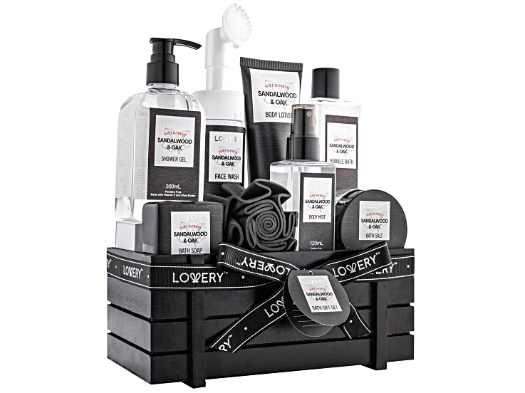 Lovery Luxury Spa Kit for Men - Sandalwood & Oak Scented Bath Gift Set & Shower Basket