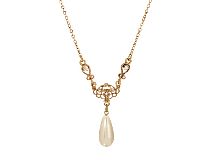 Yellow Base Metal Crystal Faux Pearl Drop Y-Necklace 16" Adj.