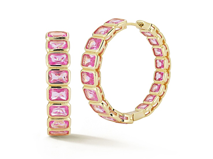 Rachel Zoe 14K Yellow Gold Over Sterling Silver Pink Cubic Zirconia Inside Out Eternity Hoops