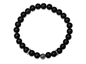 Men's Black Lava and Sterling Silver Beaded Stretch Bracelet