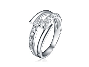 Clear Cubic Zirconia, Rhodium-Plated over Sterling Silver Criss-Cross Sparkling Arc Ring