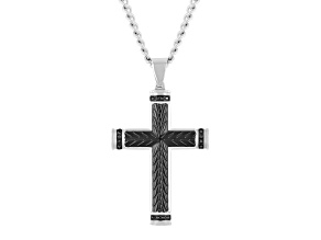 Black Ion-Plated Stainless Steel and Black Diamond Accent Cross Pendant With Chain