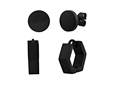 Matte Black Stainless Steel Stud and Hoop Earring Set - 2 Pairs