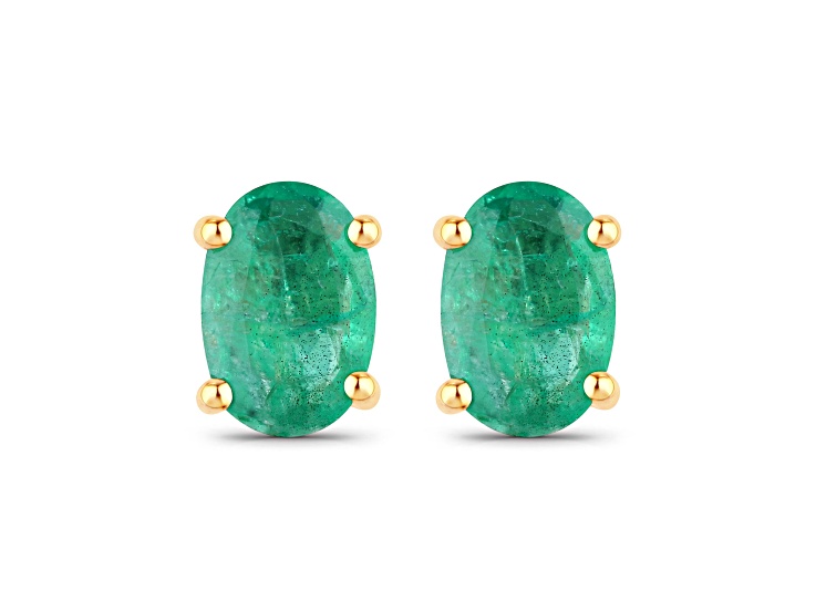 6x4mm Green Zambian Emerald 10K Yellow Gold Stud Oval Earrings 0.88ctw