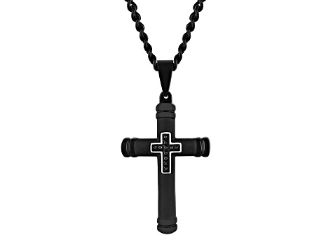 Black Ion-Plated Stainless Steel and Black Diamond Cross Pendant With Chain 0.05ctw