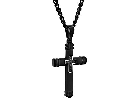 Black Ion-Plated Stainless Steel and Black Diamond Cross Pendant With Chain 0.05ctw