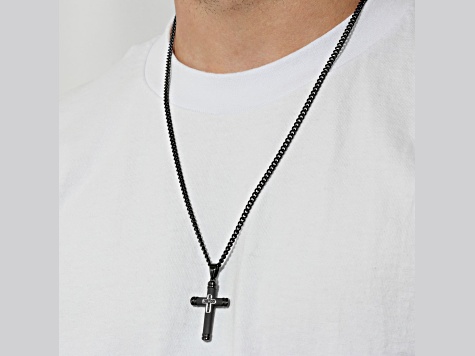 Black Ion-Plated Stainless Steel and Black Diamond Cross Pendant With Chain 0.05ctw