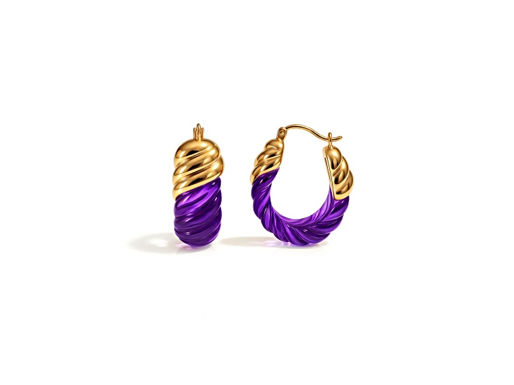 14K Gold Over Brass 1.0 inch Acrylic Rope Shrimp Hoop Earrings in Purple