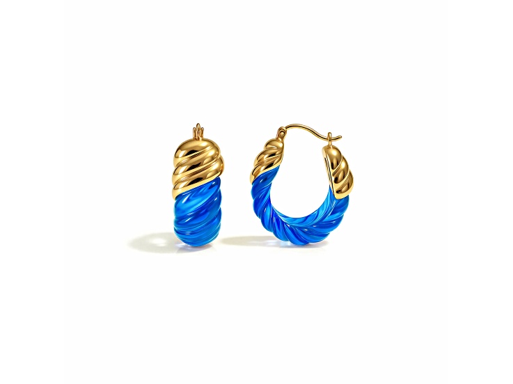14K Gold Over Brass 1.0 inch Acrylic Rope Shrimp Hoop Earrings in Pool Blue