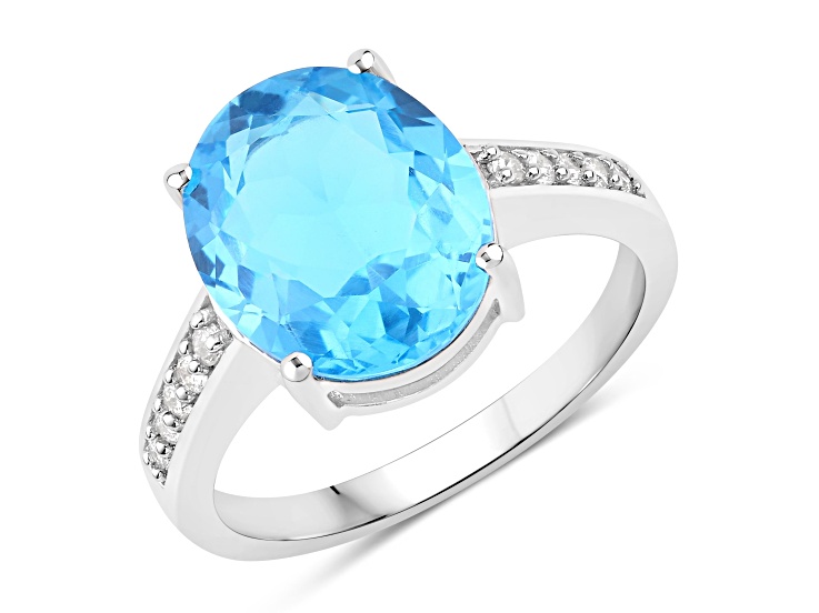 Oval Swiss Blue Topaz and Lab Grown Diamond Rhodium Over Silver Bridge Ring 5.29ctw