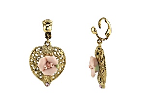 1928 Jewelry Gold-Tone Porcelain Rose Filigree Heart Clip  Earrings