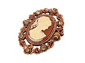 Copper Tone Dark Carnelian Oval Cameo Topaz Crystals Brooch