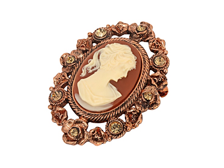 Copper Tone Dark Carnelian Oval Cameo Topaz Crystals Brooch