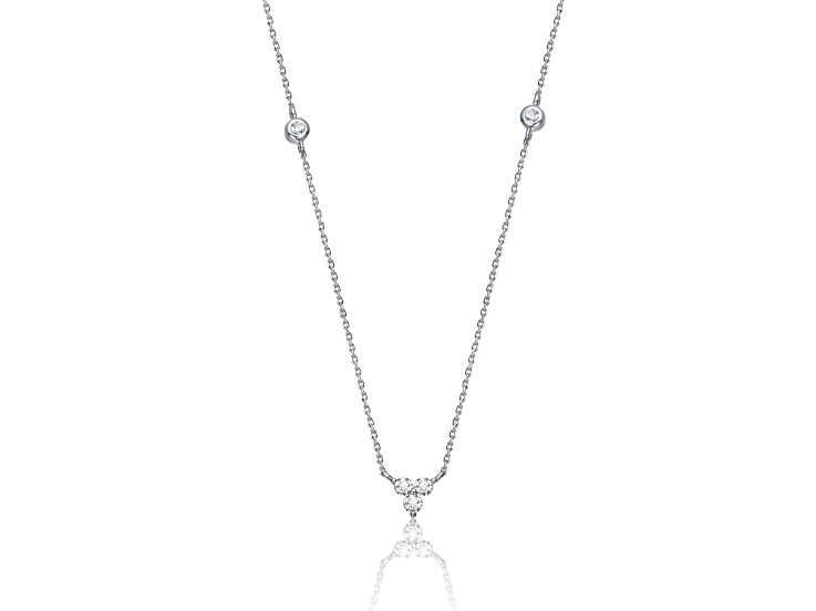 Clear Cubic Zirconia 0.18 TCW, Rhodium Plated over Sterling Silver Three Stones Station Necklace