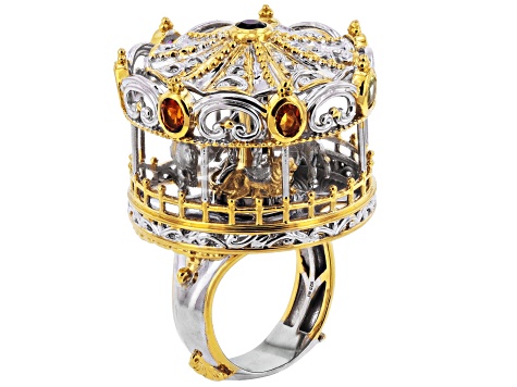 Multi Gemstone Rhodium & 24K Yellow Gold Over Palladium Sterling Silver Spinner Ring 1.08ctw