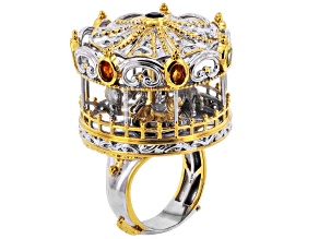 Multi Gemstone Rhodium & 24K Yellow Gold Over Palladium Sterling Silver Spinner Ring 1.08ctw