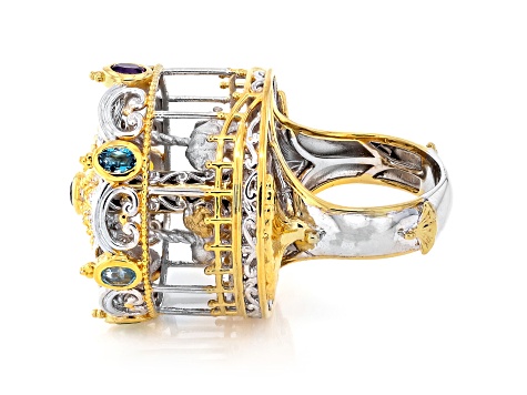 Multi Gemstone Rhodium & 24K Yellow Gold Over Palladium Sterling Silver Spinner Ring 1.08ctw